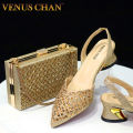Venus Chan Low Heel Shoes for Women Hollowed Out Embroidery Rhinestone Italian Design Gold Color Pointed-Toe Shoes and Bags Set House Foocus. 