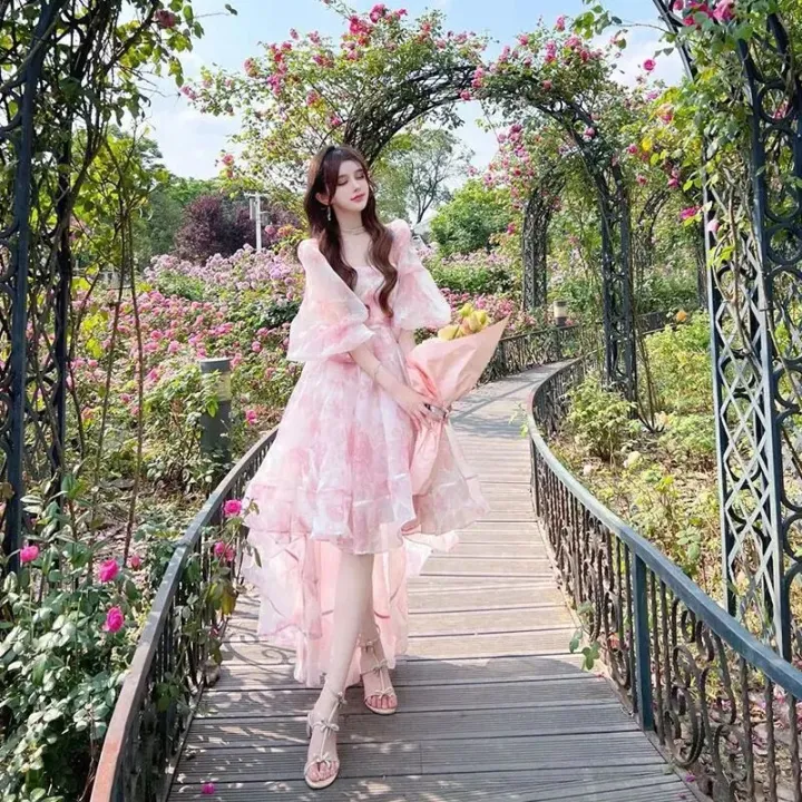 Women's%20Bubble%20Sleeves%20Pink%20Formal%20Occasion%20Evening%20Dress%20Elegant%20and%20Beautiful%20Retro%20Fragmented%20Flowers%20Sweet%20Mid%20Length%20Dress%20-%20Image%207