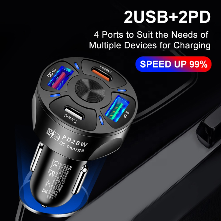 đ PD20W 4-Port Car Charger | QC3.0 + Type-C Fast Charging | 12V/24V | For All Phones & Devices
