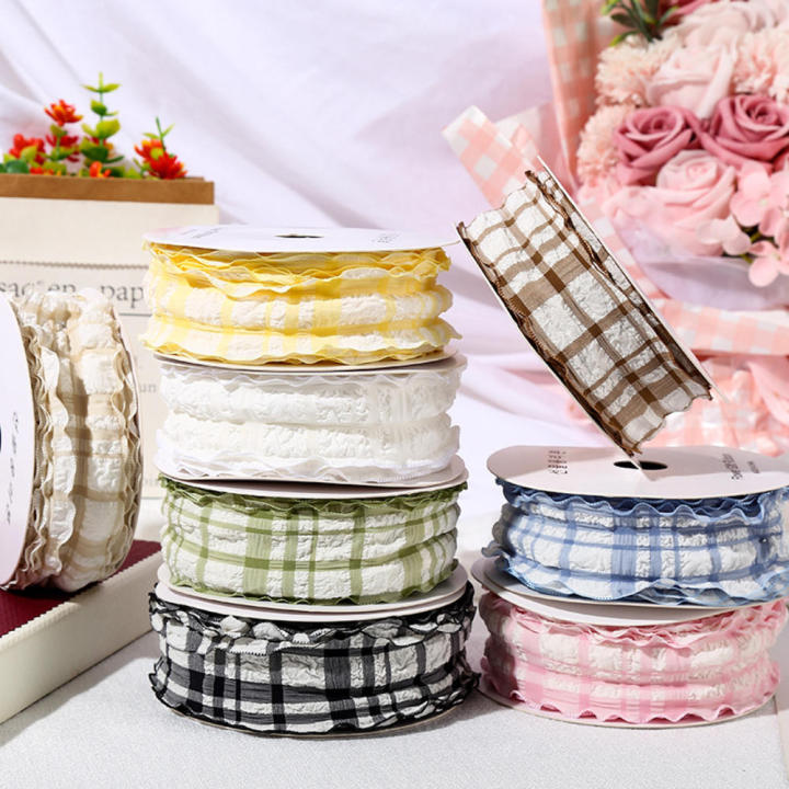 4cm Wide Pleated Plaid Ribbons Fashionable Satin Plaid Puff Plaid Ribbons Pleated Satin Ribbons for Bouquets Gift Wrapping