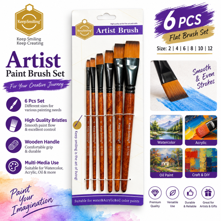 KeepSmiling G1706 Artist Paint Brush Set 6 Pcs Flat Wooden Brushes for Watercolor Acrylic & Oil Painting