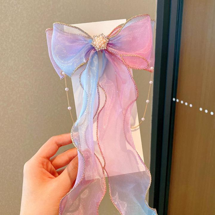 Chiffon Bow Hair Clips For Baby Girls Colourful Long Ribbon Children Hairpins Princess Hair Accessories