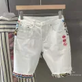 Summer New Denim Shorts Men's Stitching Embroidery Ripped Knee-length Shorts White 2024 Korean Fashion High Quality Jeans. 