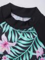 2Pcs Kids Girls Swimming Suit Round Neck Short Sleeves Floral Print Top Drawstring Boyshorts Beach Swimwear Bathing Suits. 
