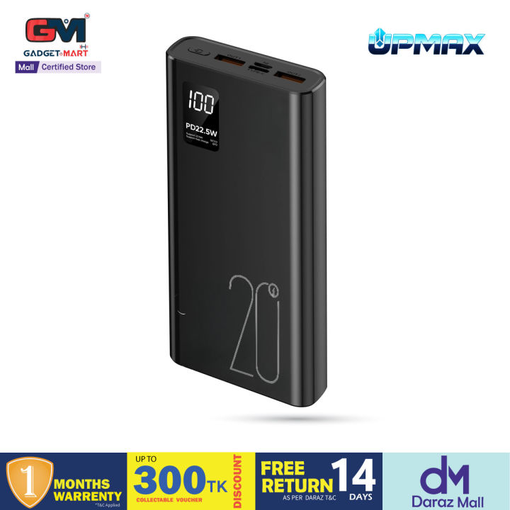 UPMAX 10000mAh Power Bank with LED Display, PD20W+QC3.0 Fast Charging, Dual/3 USB Ports - Black