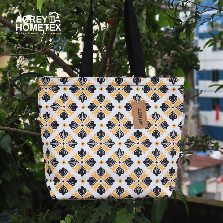 Tote Bag, Cotton Fabric, Yellow & Black, 14"x16"