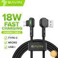 [GK] BAVIN CB258 18W / 12W Fast Charging LED Light Gaming Data Cable 90° Angle Nylon Braided 1.2Meter Cable For iPh Type-C Micro. 