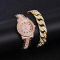 Women's Fashion Full Diamond Quartz Watch with Bracelet 2pcs Set.
