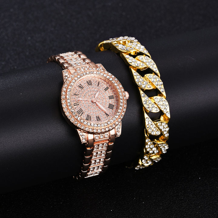 Women's Fashion Full Diamond Quartz Watch with Bracelet 2pcs Set