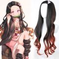 Kimetsu No Yaiba Stove Door Nezuko wig Black Gradient Orange Long Curly Hair Color Matching Anime cos Wig Full-Head Wig. 