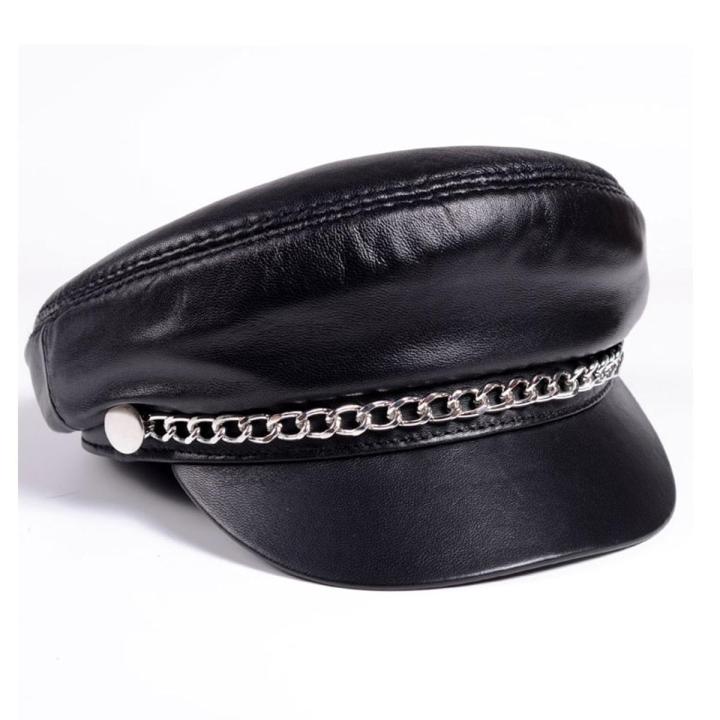 BRAND   Spring/Winter Uni54-60 CM Balck  Leather Windproof Baseball Caps Man/Woman Duckbill Gorras- chain