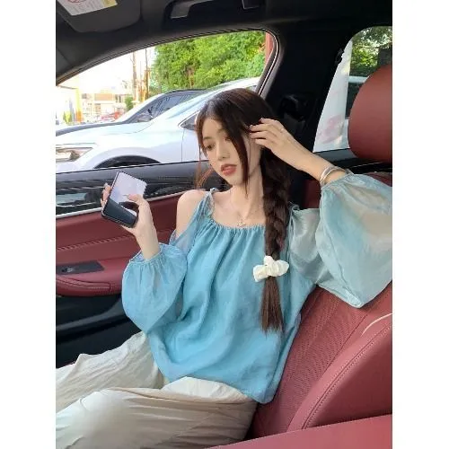 Gentle%20Korean%20Style%20off-the-Shoulder%20Strap%20Top%20Women's%20Summer%20High-Grade%20Temperament%20Wild%20Loose%20Lantern%20Sleeve%20Sun%20Protection%20Shirt%20-%20Image%206