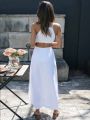 Sleeveless Beach Boho Summer Midi Dress Women Red Cut Hollow Out Waist Dresses Sundress Vintage French Style Dress.