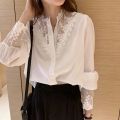 PLAZSON Summer Women Blouse Lace Patchwork Chiffon White Shirt Long Sleeve Button Elegant Office Lady Tops Korean Style Clothes.
