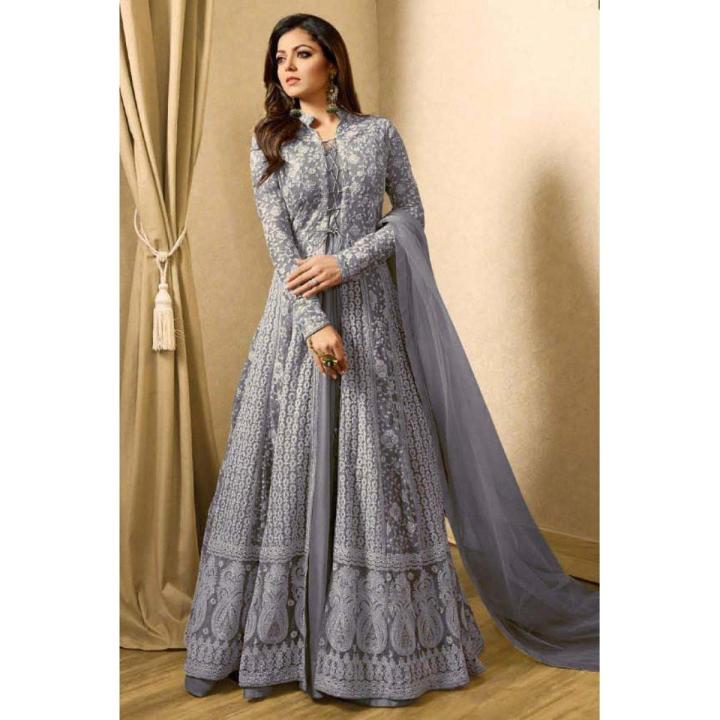 Grey Georgette Embroidery Semi Stitched Perty Dress for Women