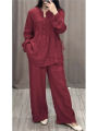 Ladies Casual Long Sleeve Pocket Shirts 2 Piece Set Fashion Loose Pleated Wide-leg Pants Suit. 