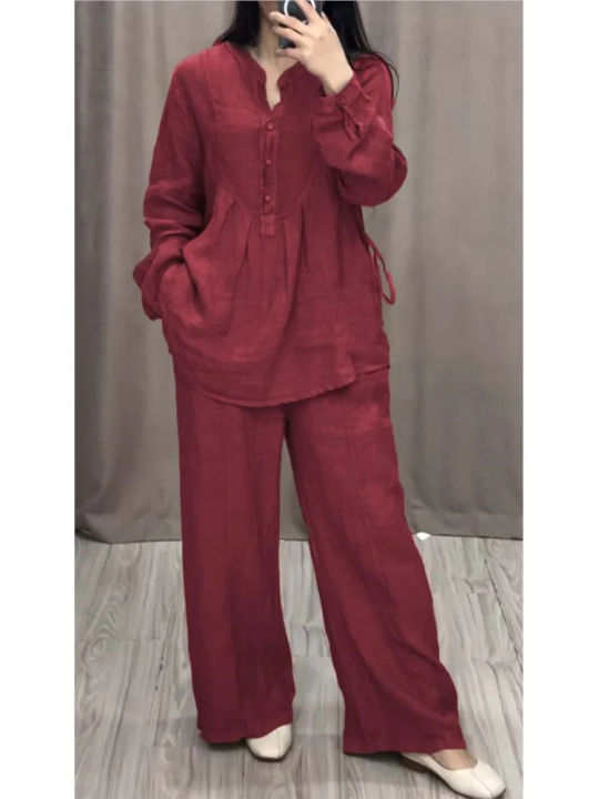 Ladies%20Casual%20Long%20Sleeve%20Pocket%20Shirts%202%20Piece%20Set%20Fashion%20Loose%20Pleated%20Wide-leg%20Pants%20Suit%20-%20Image%204