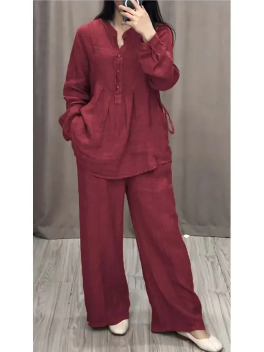 Ladies%20Casual%20Long%20Sleeve%20Pocket%20Shirts%202%20Piece%20Set%20Fashion%20Loose%20Pleated%20Wide-leg%20Pants%20Suit%20-%20Image%204