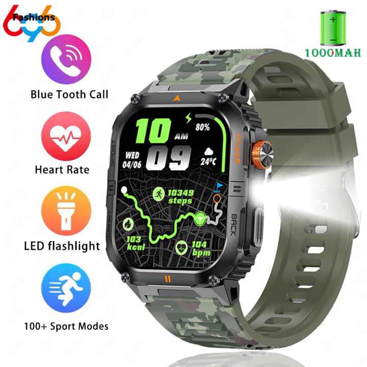 Fashions 2025 Outdoor Sports Men Smart Watch LED Flashlight IP68 Waterproof Original Heart Rate Health Smartwatch 1000Mah Battery Blue Tooth Call