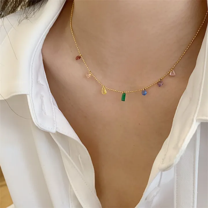 Symphony%20girl%20heart%20blue%20diamond%20rainbow%20water%20drop%20zircon%20seven-color%20necklace%20ins%20fashion%20titanium%20steel%20gold-plated%20clavicle%20chain%20-%20Image%202