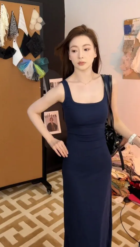 Pure Cotton RibBlue Enchantress Dark Blue Wenwen Private Clothing Square  Collar Spaghetti Straps Sleeveless Dress Long Dress | Daraz.com.bd