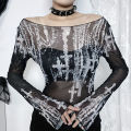 【Best value for money】 Goth Lace Mesh See Through Long Sleeve T-Shirts Y2K Pearl Print Off Shoulder Slim Tops Women Summer New Fashion Tees.
