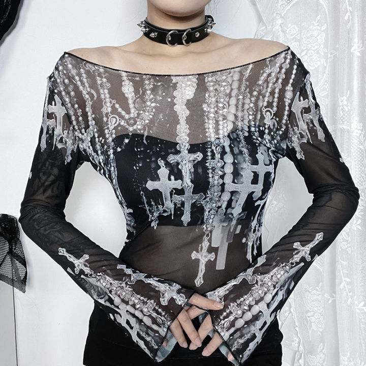 %E3%80%90Best%20value%20for%20money%E3%80%91%20Goth%20Lace%20Mesh%20See%20Through%20Long%20Sleeve%20T-Shirts%20Y2K%20Pearl%20Print%20Off%20Shoulder%20Slim%20Tops%20Women%20Summer%20New%20Fashion%20Tees%20-%20Image%203