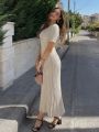 Elegant Ribbed Knitted Long Dress Women Casual O-neck Short Sleeve Bodycon Dresses 2023 Autumn Ladies Pleated A-line Maxi Robe. 