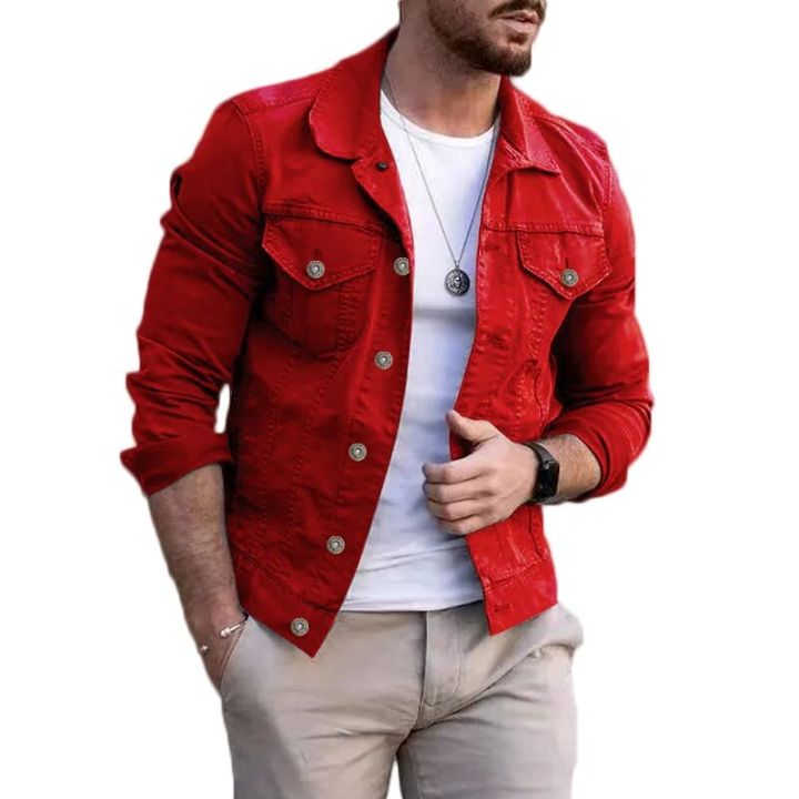 Men's Jacket 2023 New Mens Denim Jacket Slim Fit Fashion Casual Pocket Jacket Coat Men Handsome Spring Autumn Classic Red Coat