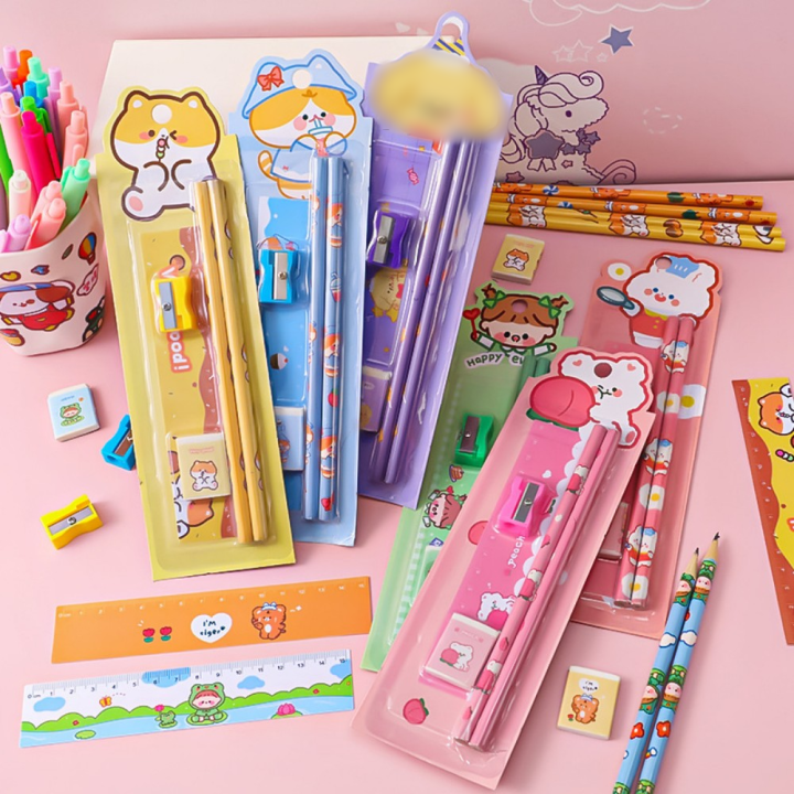Cartoon Theme Pencil Set Fun Cute Design Kawaii Stationery Set 5pcs Set Packaged Set Cartoon Stationery for Children Students