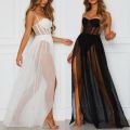 Summer 2PCS Dress Womens Perspective Mesh Gauze Sleeveless Backless Party Dress Black White Long Maxi Dresses Sundress.