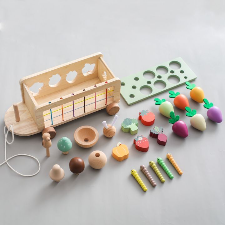 Montessori Wooden Baby Carrot Car Pulling Toy Stretch Rope Hand-Pulled Turnip Car Shape Matching Toy Parent-Child Education Toys KankongAgu