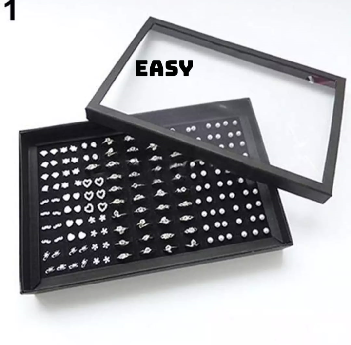 100 Slot Black Velvet Jewelry Ring Case Display Store Storage Box