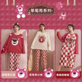 Strawberry Bear Pajamas Women's Spring and Autumn Sweet Cute Trousers Suit Student plus Size Nightdress Can Be Outerwear Homewear. 