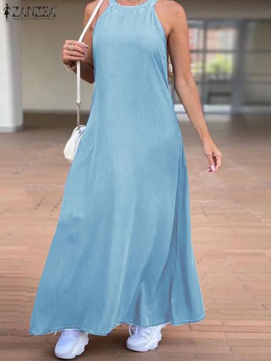2024%20PLUS%20SIZE%20ZANZEA%20Fashion%20Denim%20Long%20Dress%20Women%20Halter%20Swing%20Sundress%20Holiday%20Sleeveless%20Robe%20Casual%20Loose%20Maxi%20Dress%20-%20Image%202