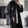 South Korea ulzzang Long Sleeve Solid Color Shirt Men's Hong Kong Style Trendy Brand Korean Style Chain Decoration Shirt Baggy Coat Trendy. 
