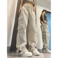 Apricot fashion ins trend cargo pants women high street multi-pocket casual pant design sense loose straight wide-leg pant women.