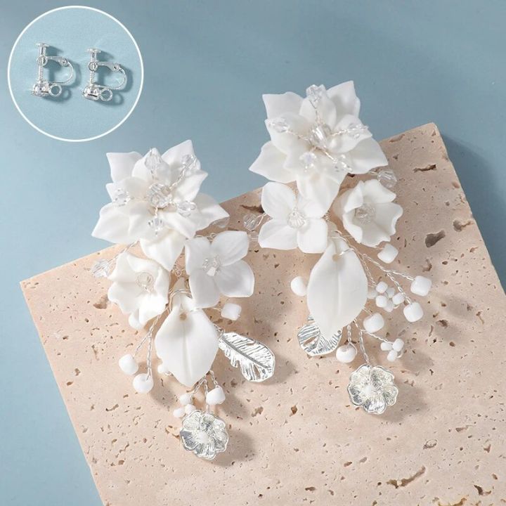 Ins Silver Gold Color Wedding Bridal Earrings White Porcelain Flower Leaf Women Drop Earring Handmade Accessories