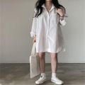 Korean Style Simple Elegant Lapel Shirt Dress Women's French Style Loose Casual Bandage Dress Inner Wear Shirt Dress. 