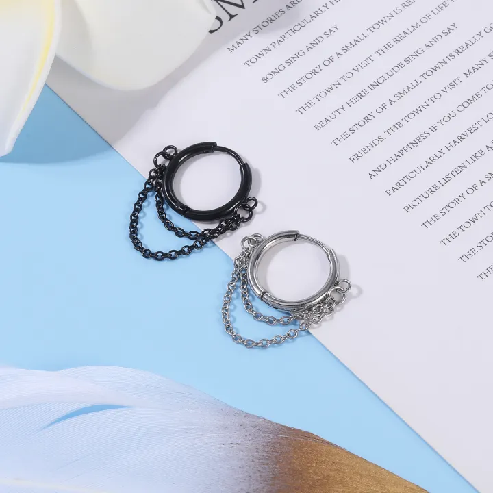 ZS%201PC%20Punk%20Black%20Dangle%20Earring%20Stainless%20Steel%20Tassel%20Chain%20Earring%20Men%20Women%20Korean%20Ear%20Clip%20Piercing%20Boy%20Drop%20Earring%20-%20Image%204