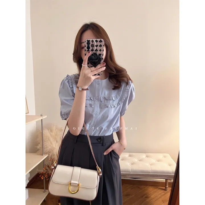 French%20Style%20Temperament%20Lace%20Collar%20Puff%20Sleeve%20Short%20Sleeve%20Shirt%20for%20Women%20Summer%20New%20High-Grade%20Chic%20Blue%20Gentle%20Top%20-%20Image%202