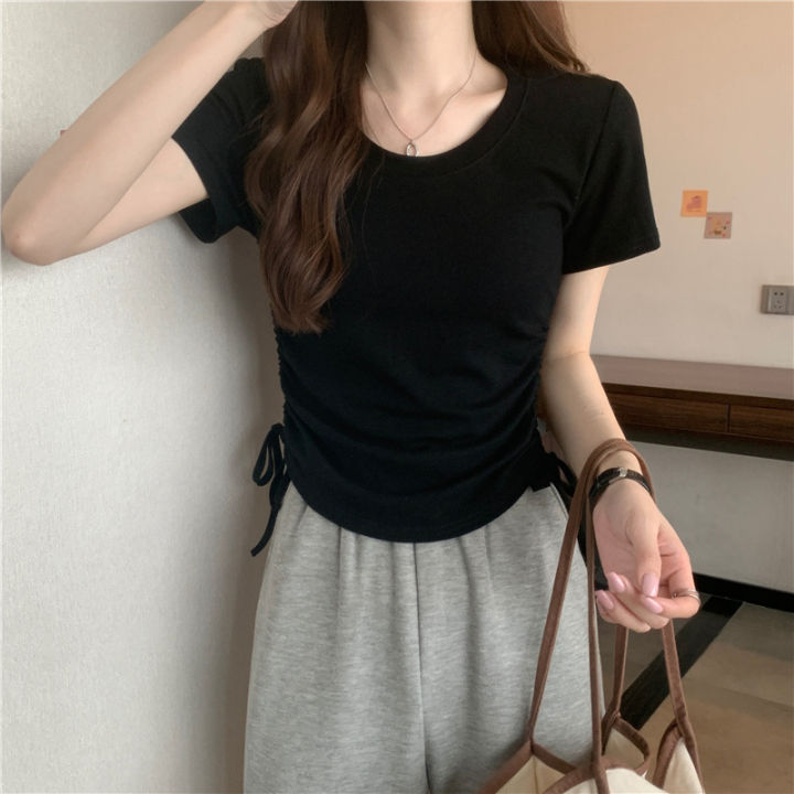 Loose%20Slim-Fit%20Short%20Sleeve%20T%20Women's%20Summer%20T-shirt%202024%20New%20Korean%20Style%20Sense%20of%20Design%20Niche%20Drawstring%20Slim%20Top%20ins%20Tide%20-%20Image%207