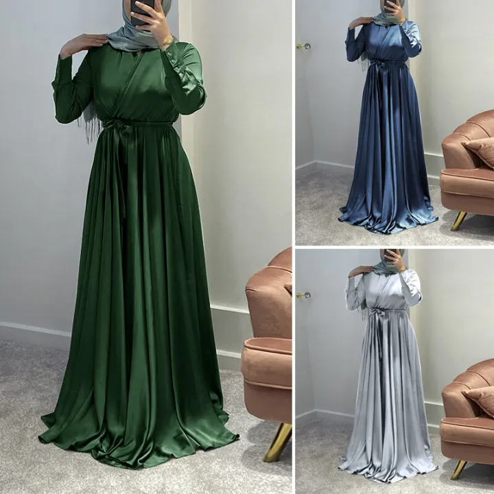 ZANZEA%20Muslimah%20Women%20Muslim%20V%20Neck%20Belt%20Long%20Sleeve%20Plain%20Satin%20Party%20Maxi%20Dress%20-%20Image%205