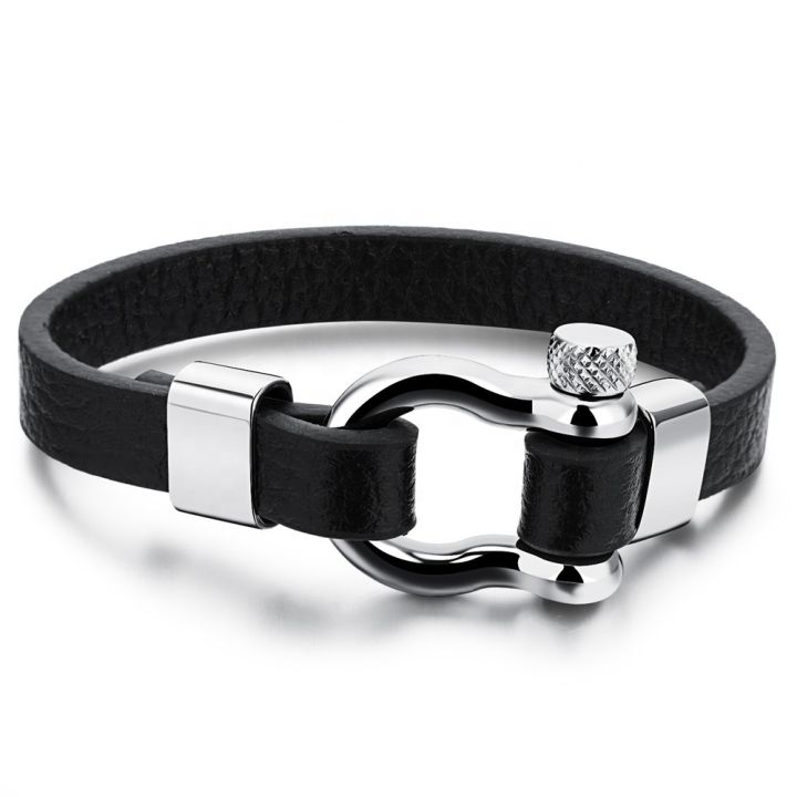 Hot Selling Cool Black Cowhide Leather Adjustable Basic Mens Cuff Bracelet