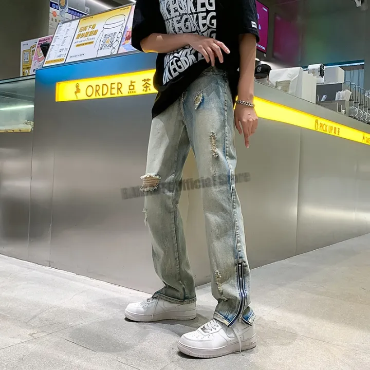 Side%20Slit%20Zipper%20Pierced%20Jeans%20Men's%20Straight%20Tube%20Micro%20Flared%20Pants%20Autumn%20American%20High%20Street%20Vibe%20Fashion%20Zipper%20Hem%20Jeans%20-%20Image%204