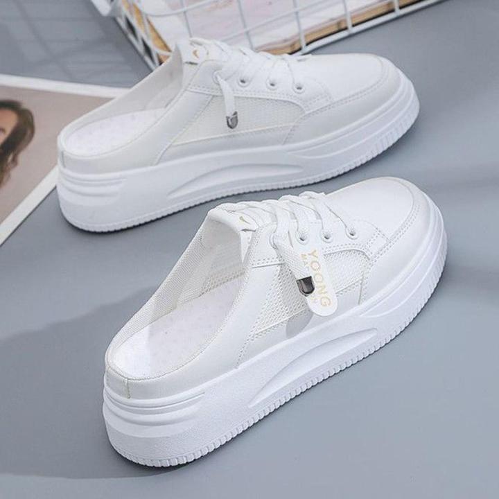 Korean Soft Leather2023New Summer Half-Support White Shoes Women's Shoes Thick Bottom for Outdoors Lazy Sandals Closed Toe Casual
