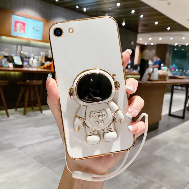 COROGI%20for%20OPPO%20A71%20A71k%20Back%20Cover%20Cartoon%20Astronaut%20Folding%20Stand%20Stylish%206D%20Plating%20Square%20Bumper%20Case%20with%20Lanyard%20Soft%20Silicone%20Phone%20Cases%20Covers%20Pouch%20for%20Girls%20Boys%20-%20Image%204