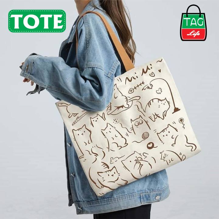 TandG Canvas Zipper Tote Bag with Cute Cats Design for Women Trendy Off-White