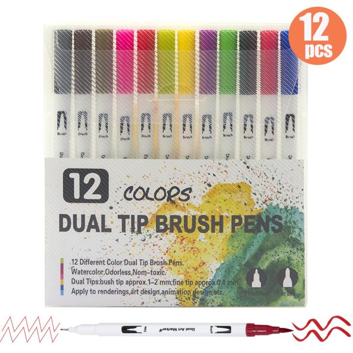12 Pcs Dual Tip Brush Pens Art Markers Set Flexible Brush Pen