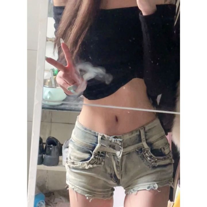 American Hot Girl Liu Ding Low Waist Denim Super Short Shorts Women2023Summer New Slim-Fit Slimming Sheath Wide-Leg Hot Pants